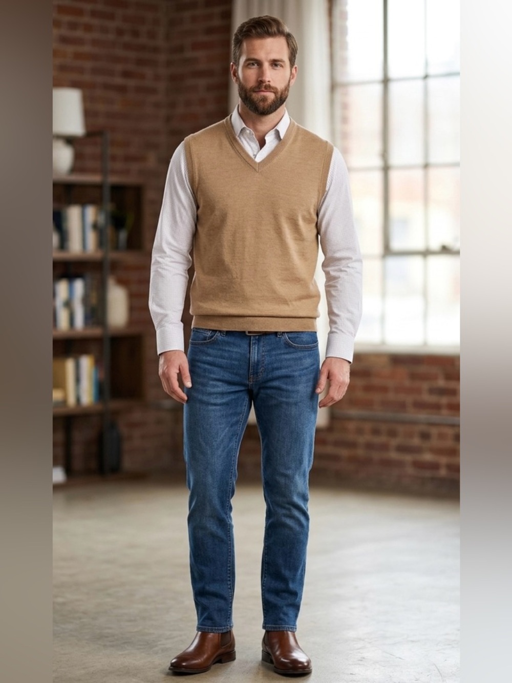 Men's V-Neck Sweater Vest in Camel